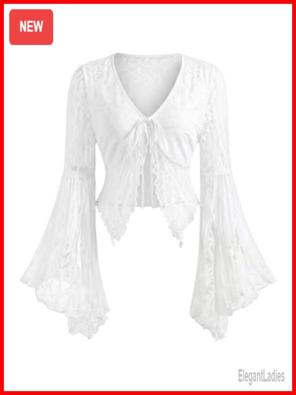 Lace Tie Front Bell Sleeve Sheer Crop Blouse Top